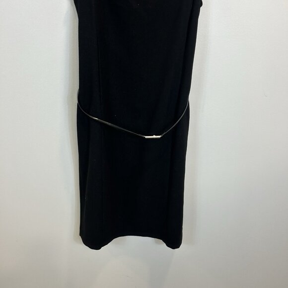 Calvin Klein Size 10 High Neck Modest Black Sheath Dress Belted Sleeveless - Picture 3 of 10